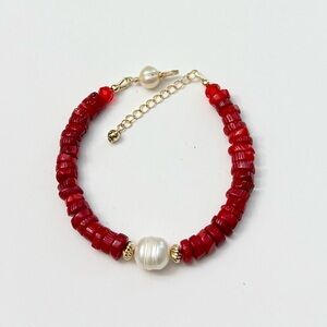Gold-Filled Red Coral Freshwater Pearl Bracelet with Gold Accents
